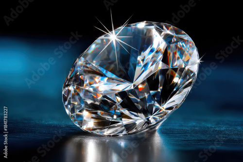 Large Sparkling Diamond on Dark Blue Background