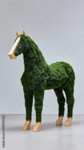 Sculptural evergreen horse with minimalist wood base, festive and modern.