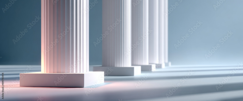 Naklejka premium Row of classical white columns with fluted shafts casting long shadows in soft light against a muted blue background