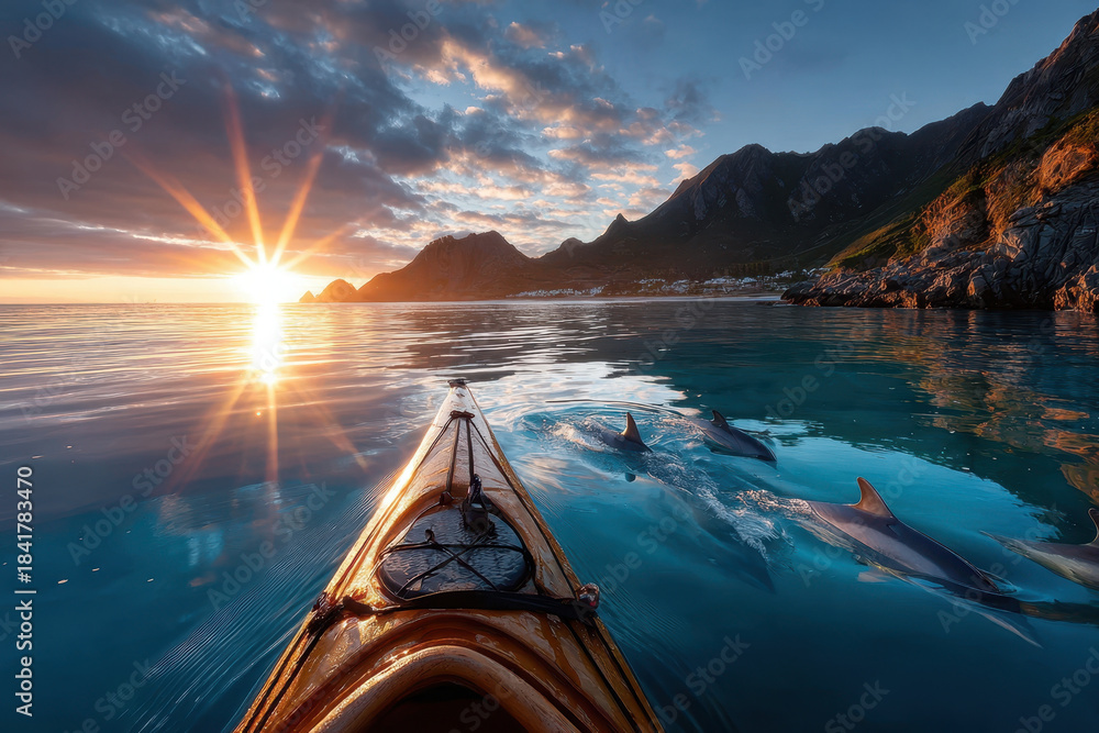 Fototapeta premium Kayaking at sunrise with dolphins in clear waters near mountain landscape