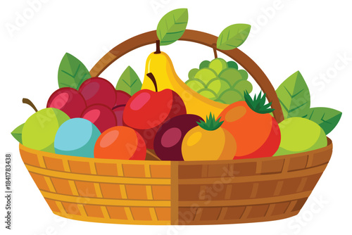 Cartoonstyle wicker basket overflows with colorful apples, grapes, bananas, pears, plums, and oranges