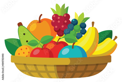 Colorful cartoon fruits fill a woven basket creating a vibrant still life composition