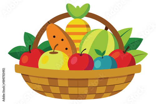 Colorful fruits are nestled inside a traditional wicker basket adorned with green leaves