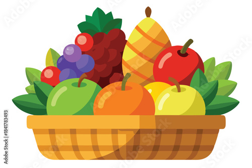 Assorted vibrant fruits, including apples, grapes, and a pear, fill a light brown basket