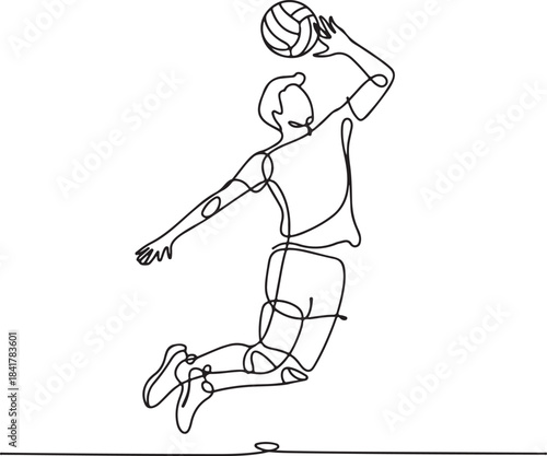 Continuous line illustration of a volleyball player rotating the body mid jump with elegant minimal artistic outline drawing