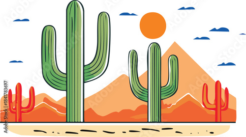 Desert cacti line drawing featuring minimal landscape composition created with simple clean bold strokes