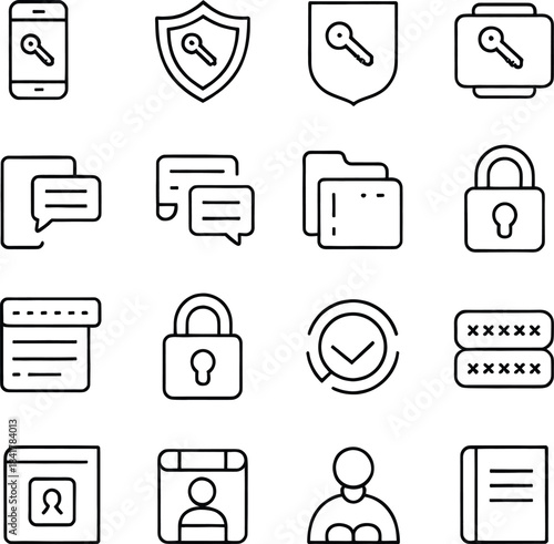 Cybersecurity and Data Protection Line Icons Set – Privacy, Secure Login, Password, Encryption, Shield, Authentication Symbols