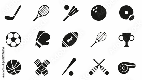 Collection of black and white sports equipment icons representing various athletic games and competition symbols