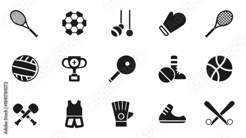 Collection of black and white sports equipment icons including balls racquets gloves and trophies for design