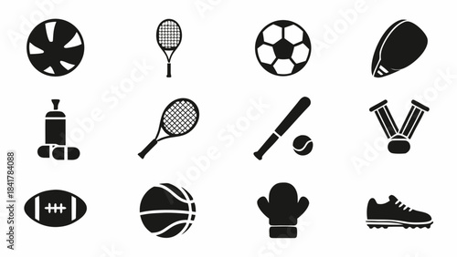 Collection of twelve black and white icons representing various sports equipment and athletic achievement symbols