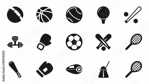 Collection of black and white sports equipment icons representing various athletic activities and fitness pursuits