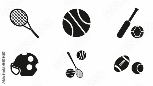 Collection of black and white icons representing various popular sports equipment and balls for design use