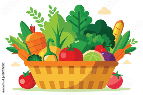 A basket overflowing with fresh vegetables displays carrots, tomatoes, and leafy greens in a simple composition