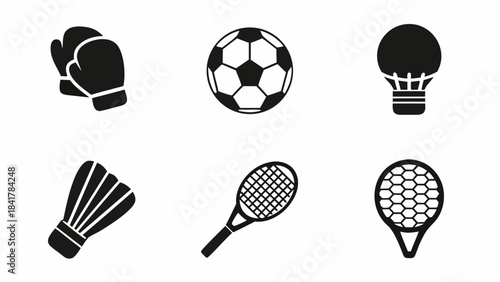 Collection of six black and white sports equipment icons including boxing gloves soccer ball and tennis racket