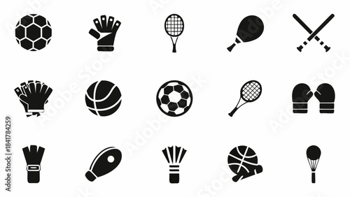 Collection of black silhouette icons representing various popular sports equipment and athletic gear for design