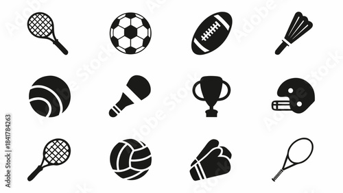 Collection of twelve black and white minimalist icons representing various sports equipment and awards for design