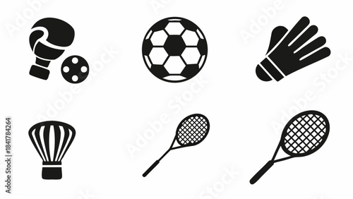 Collection of black and white icons representing various sports equipment for fitness and recreation activities