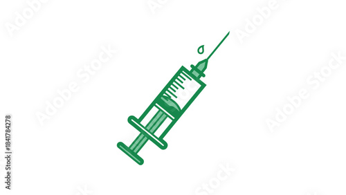 Green medical syringe with liquid and drop, symbolizing healthcare and treatment.