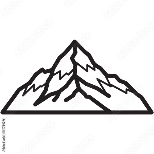 Minimalist line drawing of towering mountains with jagged peaks and snowy ridges.
