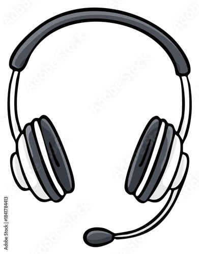 Grayscale cartoon headset with a microphone for customer service, gaming, or telecommunication