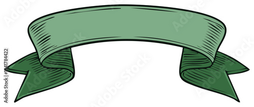 Vintage green ribbon banner scroll with hand drawn engraved illustration style