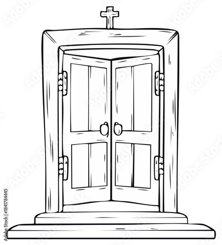 Church door sketch with cross. Religious doorway illustration. Symbolism of faith, entrance, or belief.