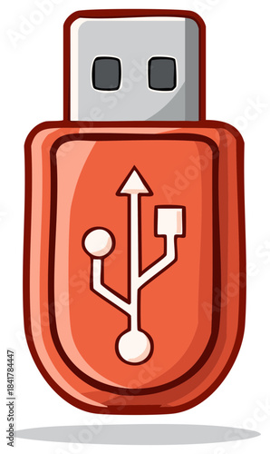 Red USB Flash Drive Icon Style Media Storage Device with Universal Serial Bus Symbol