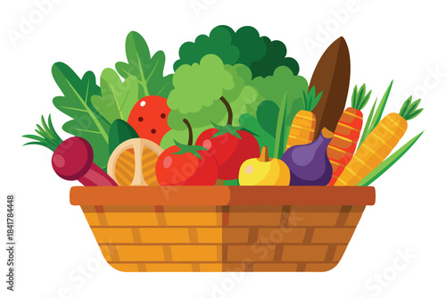 Basket holds fresh garden produce with carrots, tomatoes, beetroot, and lettuce visible together