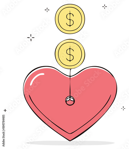 Golden dollar coins falling into a stylized red heart symbolizing monetary donation and charity