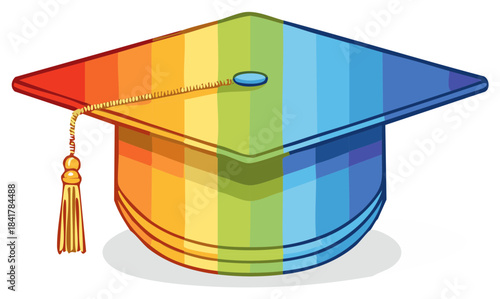 Colorful graduation cap in rainbow colors, symbol of education, success and pride, cartoon design.