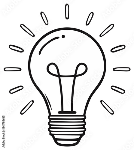 Hand drawn lightbulb with glow rays illuminating an idea concept creativity innovation