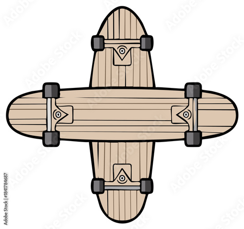 Overhead illustration of two wooden cruiser skateboards crossed forming a symmetrical shape