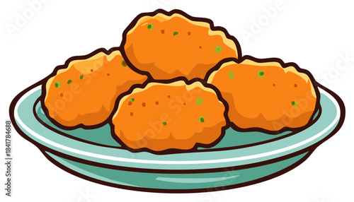 Delicious Cartoon Fried Food Nuggets Served on a Plate Vector Graphic