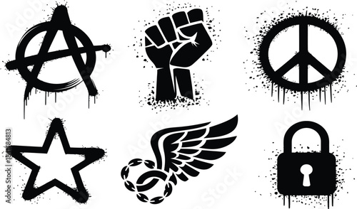 Graffiti Stencil Icon Set – Anarchy, Fist, Peace, Star, Winged Emblem & Padlock Symbols with Paint Drips