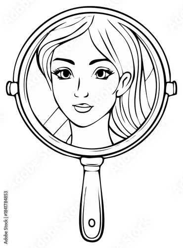 Woman's reflection in a handheld mirror, line art illustration