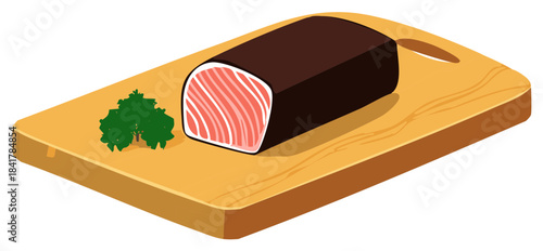 Fresh raw salmon loin with skin on a wooden cutting board, isometric vector food illustration