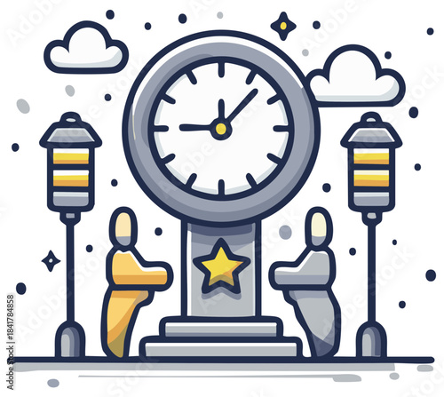 Stylized public clock monument with abstract figures and decorative streetlights in an urban square illustration