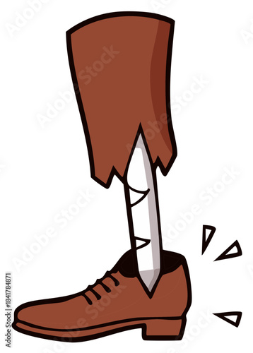 Emaciated Thin Leg with Torn Pants and an Oversized Brown Shoe