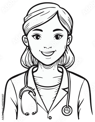 Portrait of a smiling female doctor with a stethoscope line art illustration