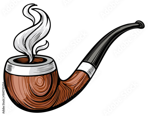 Classic Wooden Smoking Pipe with Curling White Smoke Illustration, Traditional Tobacco Accessory
