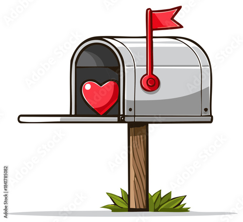 Cartoon illustration of an open mailbox with a shiny red heart inside for a romantic message