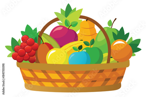 Cartoon style wicker basket overflows with vibrant assortment of fruits and green leaves