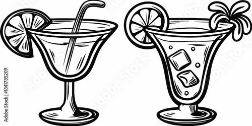 Two illustrated cocktail glasses with citrus garnishes and drinking straws