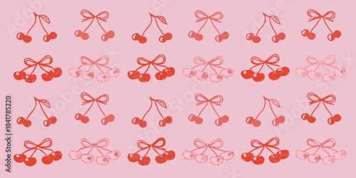 A repeating pattern of red cherries with stems and leaves on a pink background