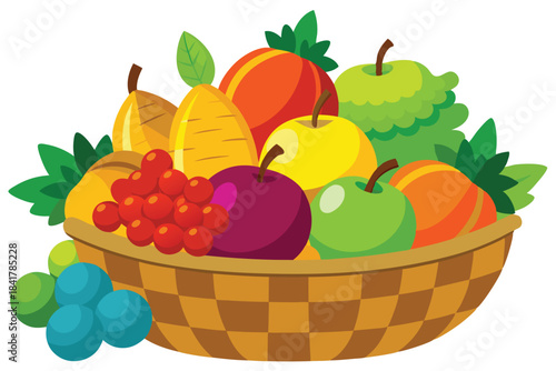 Colorful cartoon fruit assortment sits nestled inside a charming woven basket, overflowing with abundance