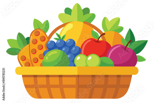 Colorful still life displays a variety of fresh fruit within a vibrant woven basket