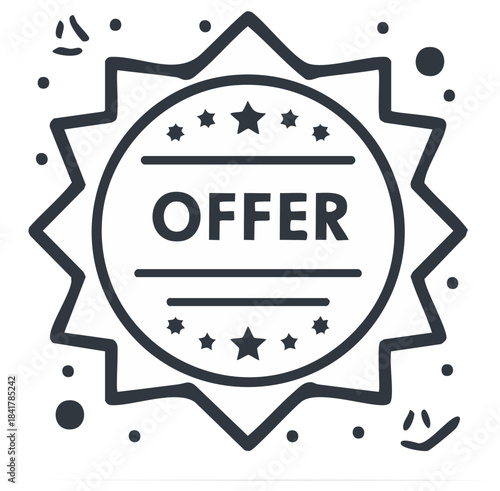 Stylized Offer Badge Icon with Stars and Confetti Graphic Element