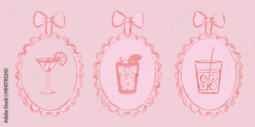 Pink illustration of three ornate frames displaying different cocktails