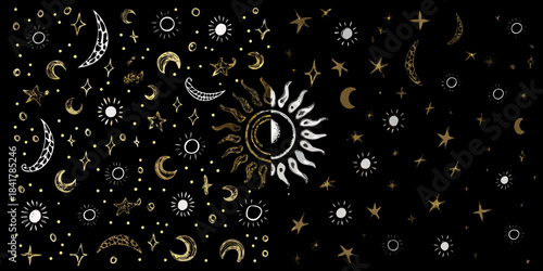 Celestial sketch moons stars and suns on a dark background