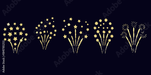Golden firework displays with sparkling trails against a dark navy background